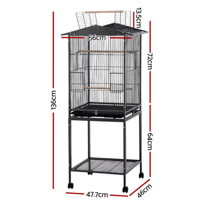 i.Pet 136cm Bird Cage Aviary Open Top Parrot Budgie Stand Wheels Black - view 3