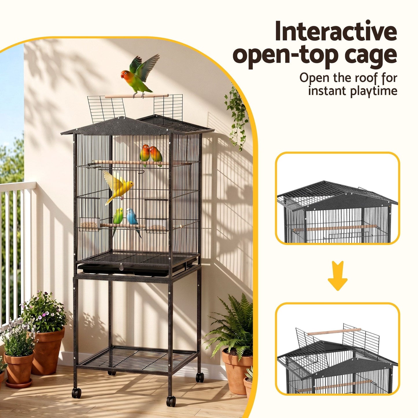 i.Pet 136cm Bird Cage Aviary Open Top Parrot Budgie Stand Wheels Black - view 5