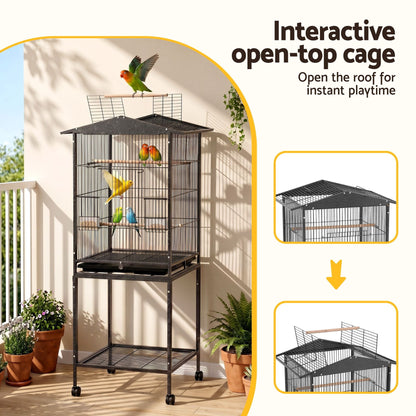 i.Pet 136cm Bird Cage Aviary Open Top Parrot Budgie Stand Wheels Black - view 5