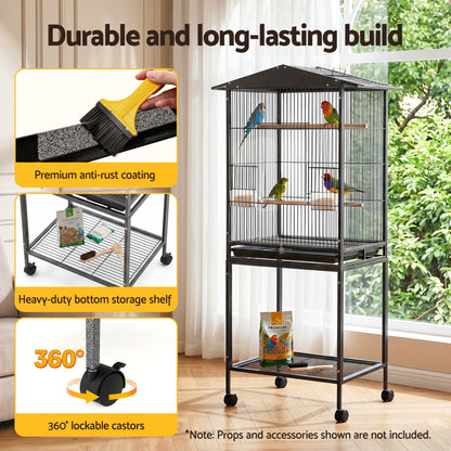 i.Pet 136cm Bird Cage Aviary Open Top Parrot Budgie Stand Wheels Black - view 7