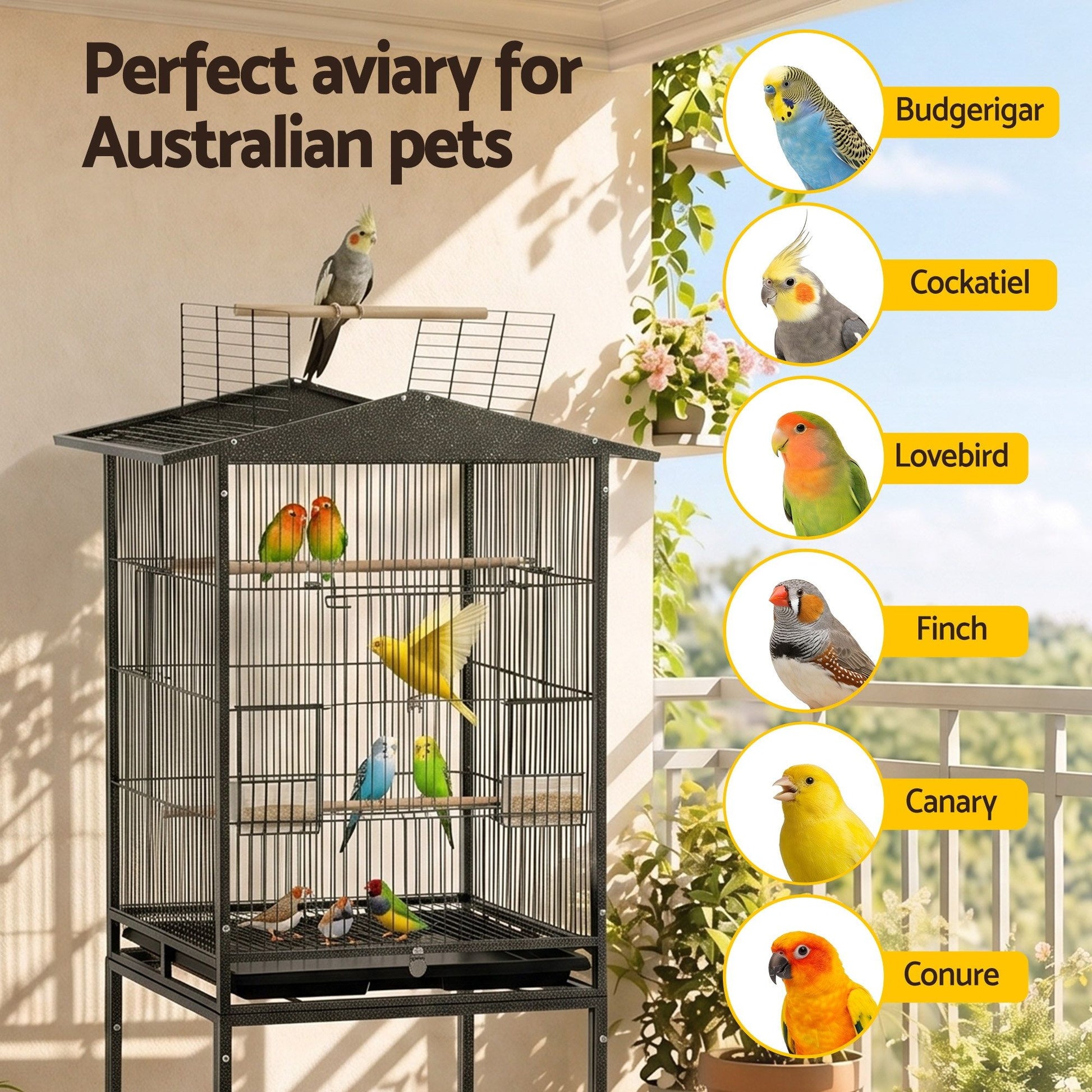i.Pet 136cm Bird Cage Aviary Open Top Parrot Budgie Stand Wheels Black - view 9