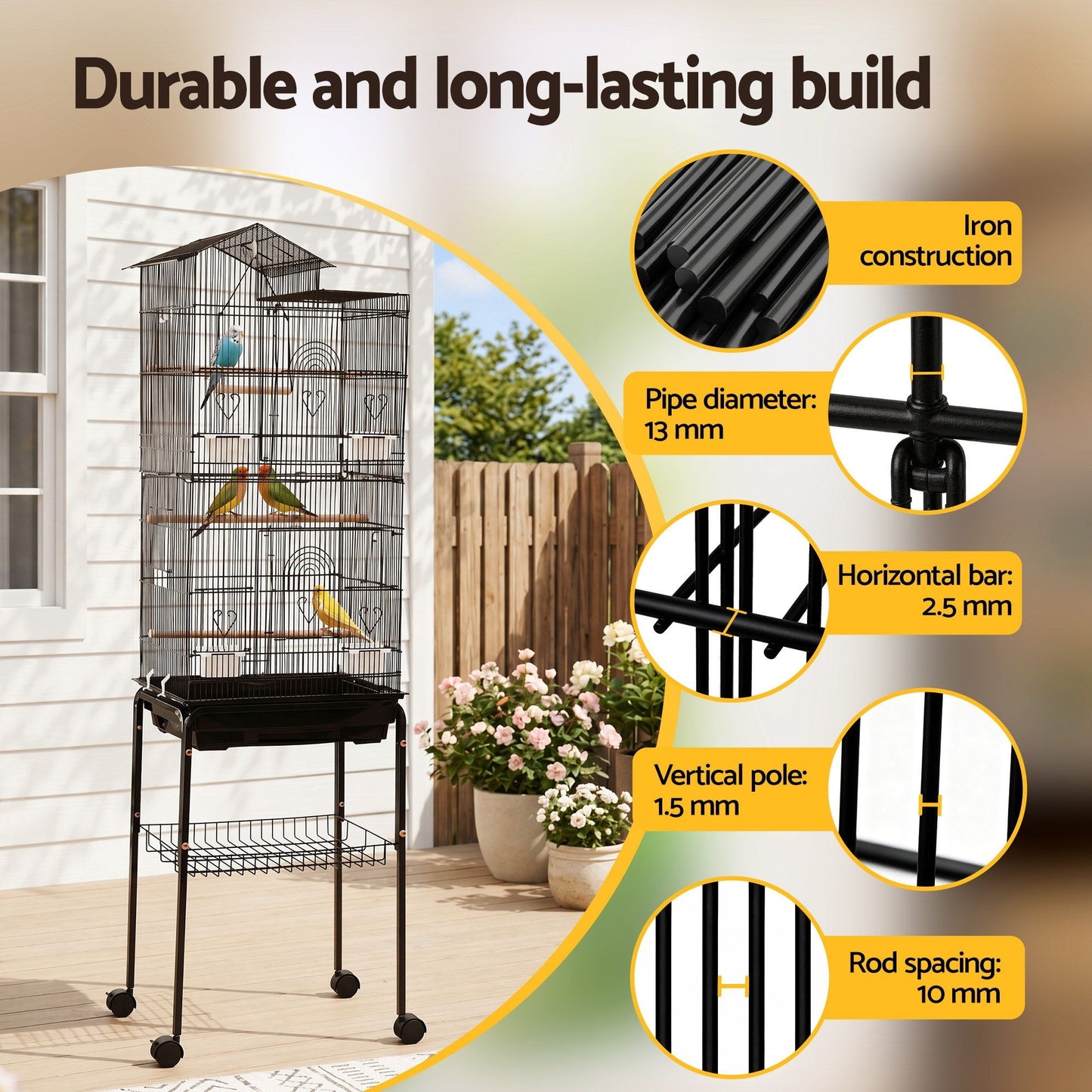i.Pet 158cm Bird Cage Aviary Parrot Budgie Stand Wheels Black - view 6