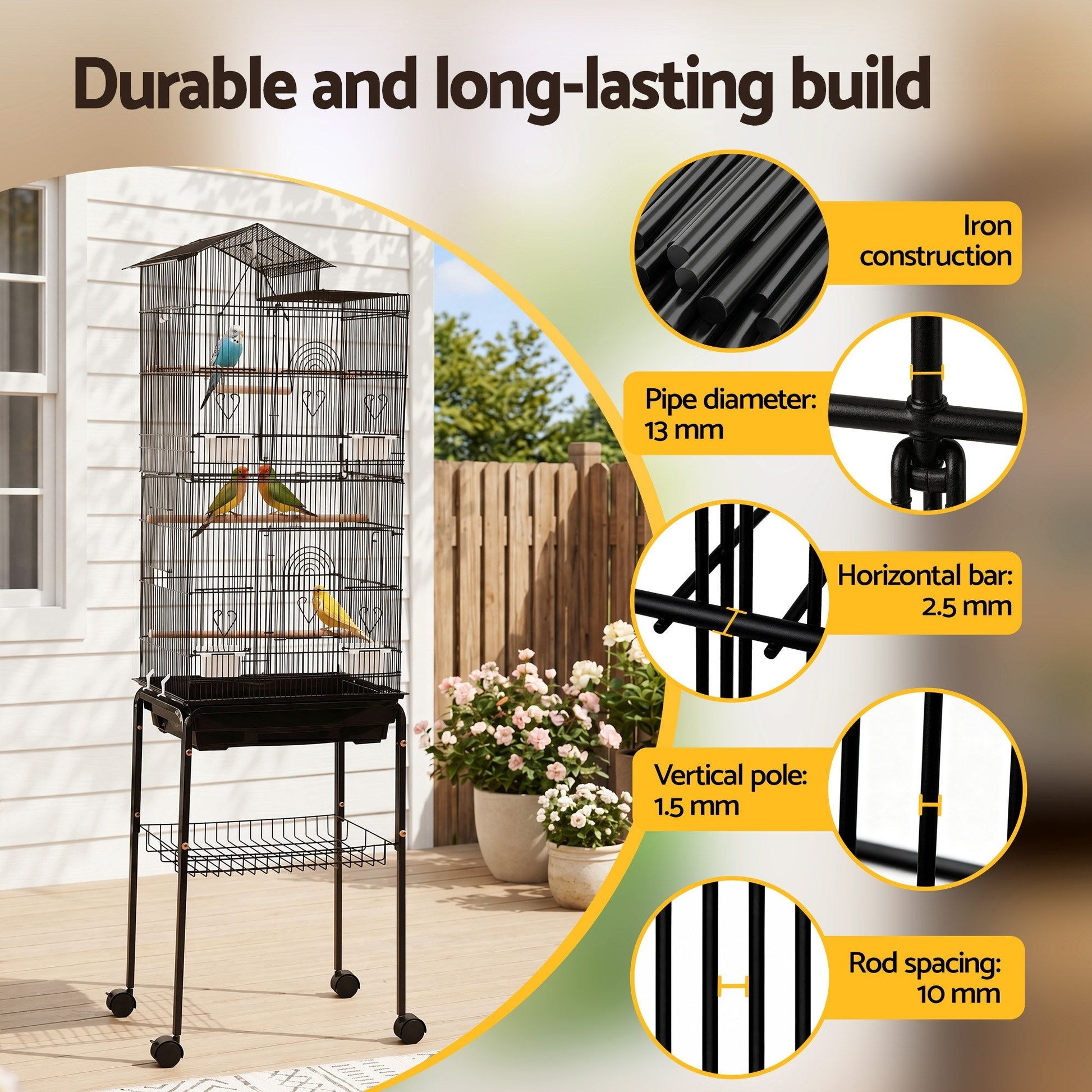 i.Pet 158cm Bird Cage Aviary Parrot Budgie Stand Wheels Black - view 6
