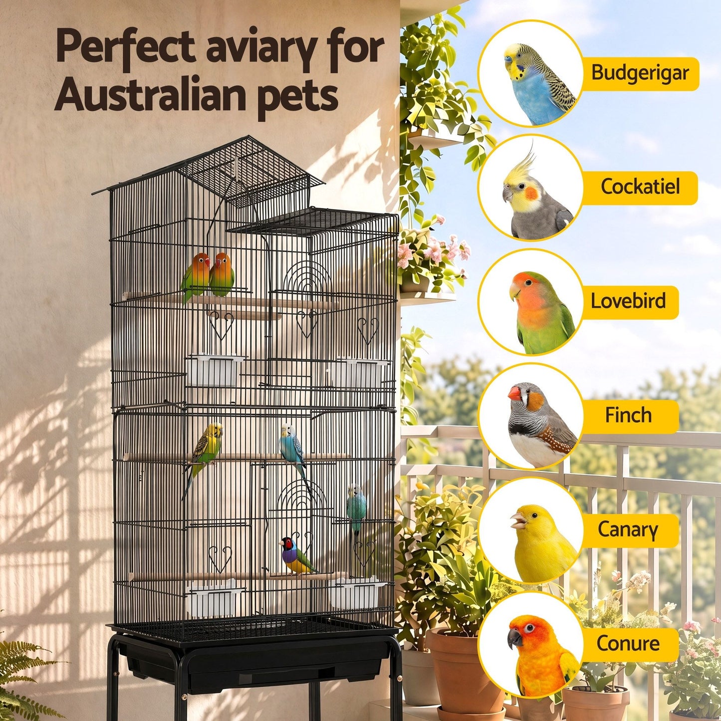 i.Pet 158cm Bird Cage Aviary Parrot Budgie Stand Wheels Black - view 9