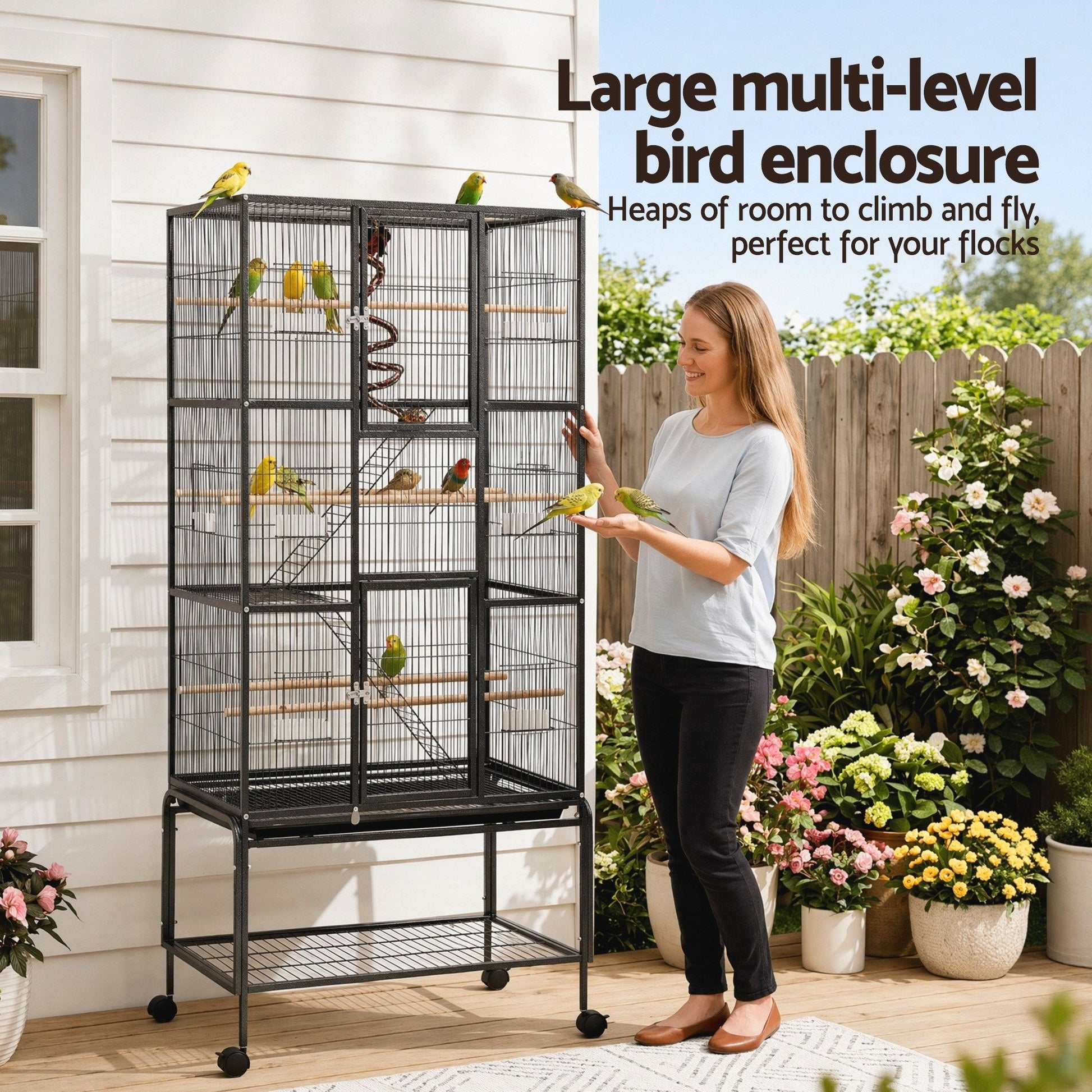 i.Pet 176cm 3-Tier Large Bird Cage Aviary with Ladder Parrot Budgie Wheels Black - view 4