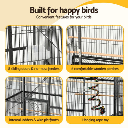 i.Pet 176cm 3-Tier Large Bird Cage Aviary with Ladder Parrot Budgie Wheels Black - view 5
