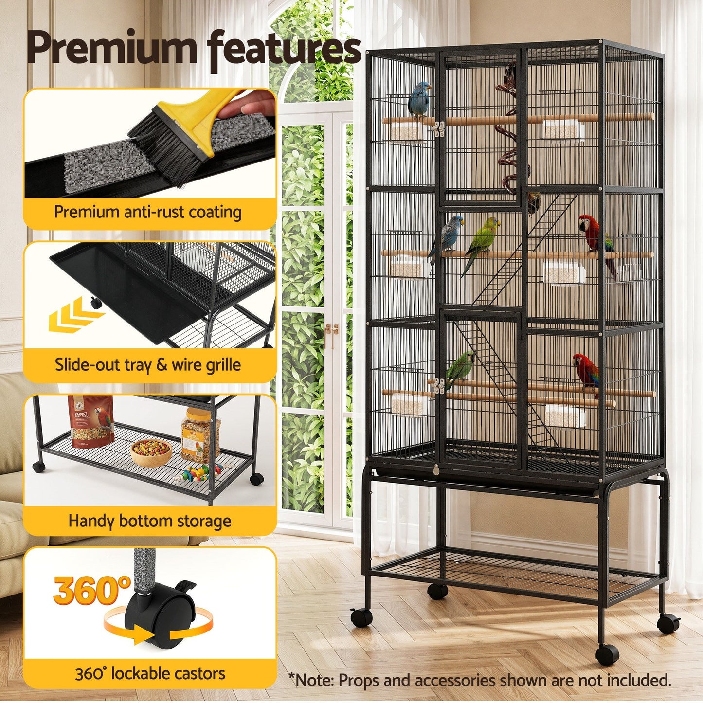 i.Pet 176cm 3-Tier Large Bird Cage Aviary with Ladder Parrot Budgie Wheels Black - view 6