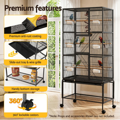 i.Pet 176cm 3-Tier Large Bird Cage Aviary with Ladder Parrot Budgie Wheels Black - view 6