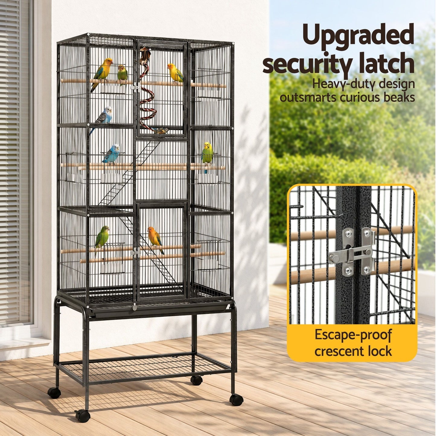 i.Pet 176cm 3-Tier Large Bird Cage Aviary with Ladder Parrot Budgie Wheels Black - view 7