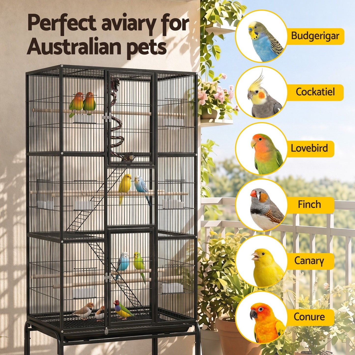 i.Pet 176cm 3-Tier Large Bird Cage Aviary with Ladder Parrot Budgie Wheels Black - view 8