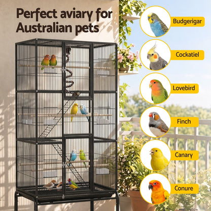 i.Pet 176cm 3-Tier Large Bird Cage Aviary with Ladder Parrot Budgie Wheels Black - view 8