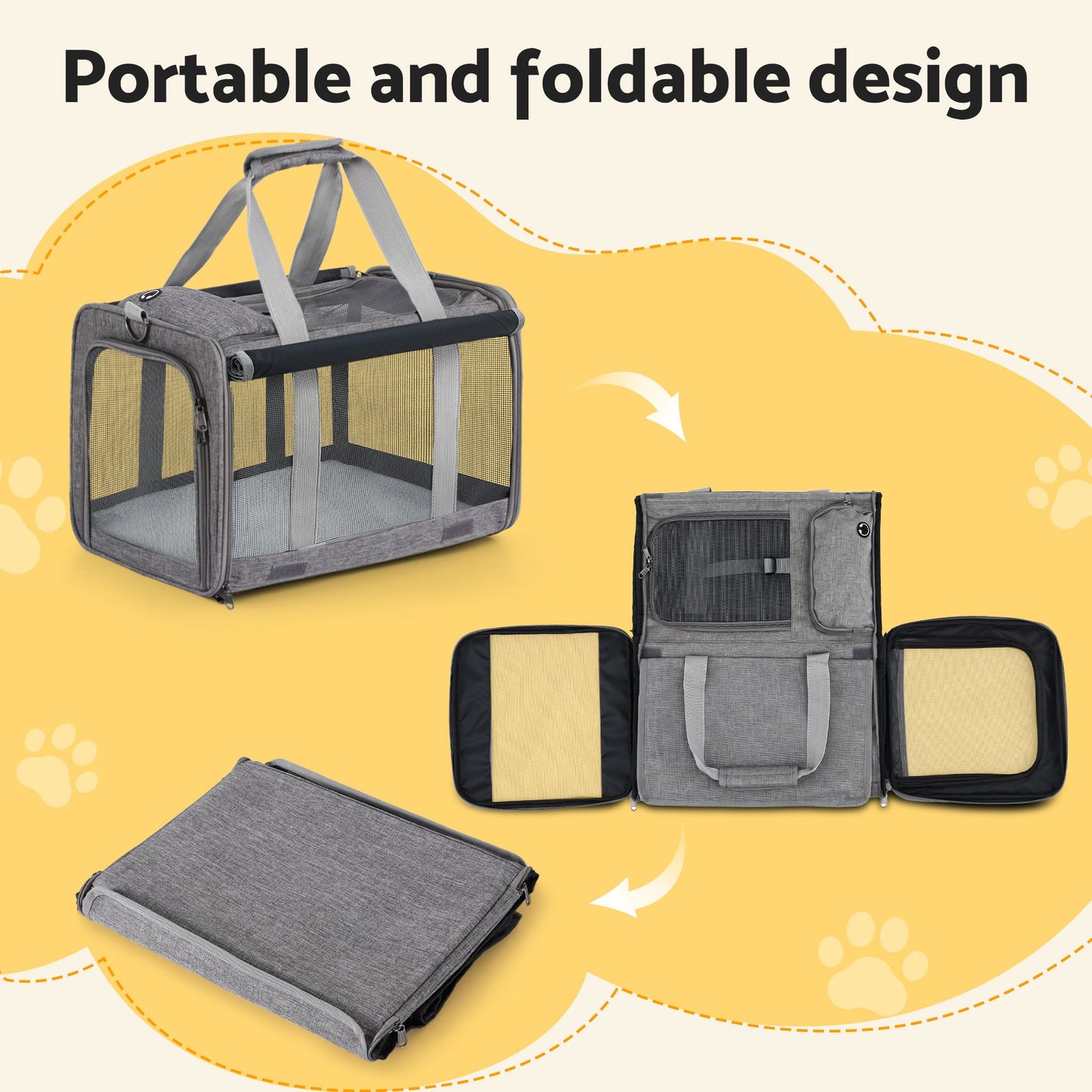 i.Pet Pet Carrier Bag Foldable Dog Cat Durable Crate Travel Cage Portable Car Kennel Grey - view 5