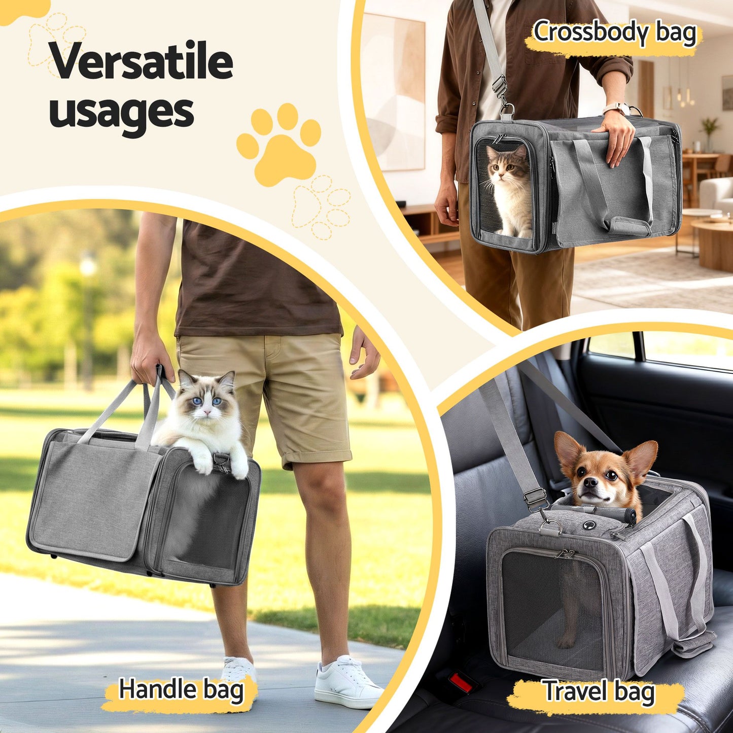 i.Pet Pet Carrier Bag Foldable Dog Cat Durable Crate Travel Cage Portable Car Kennel Grey - view 8