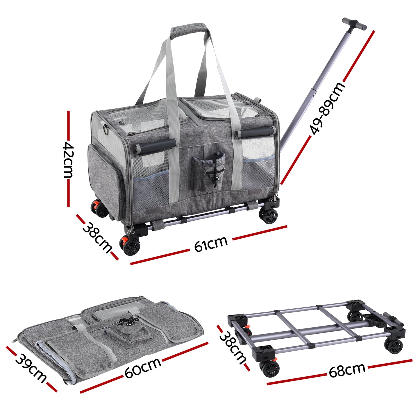 i.Pet Pet Carrier Swivel Wheels Foldable Cat Dog Trolley Stroller Travel Bag Grey - view 2