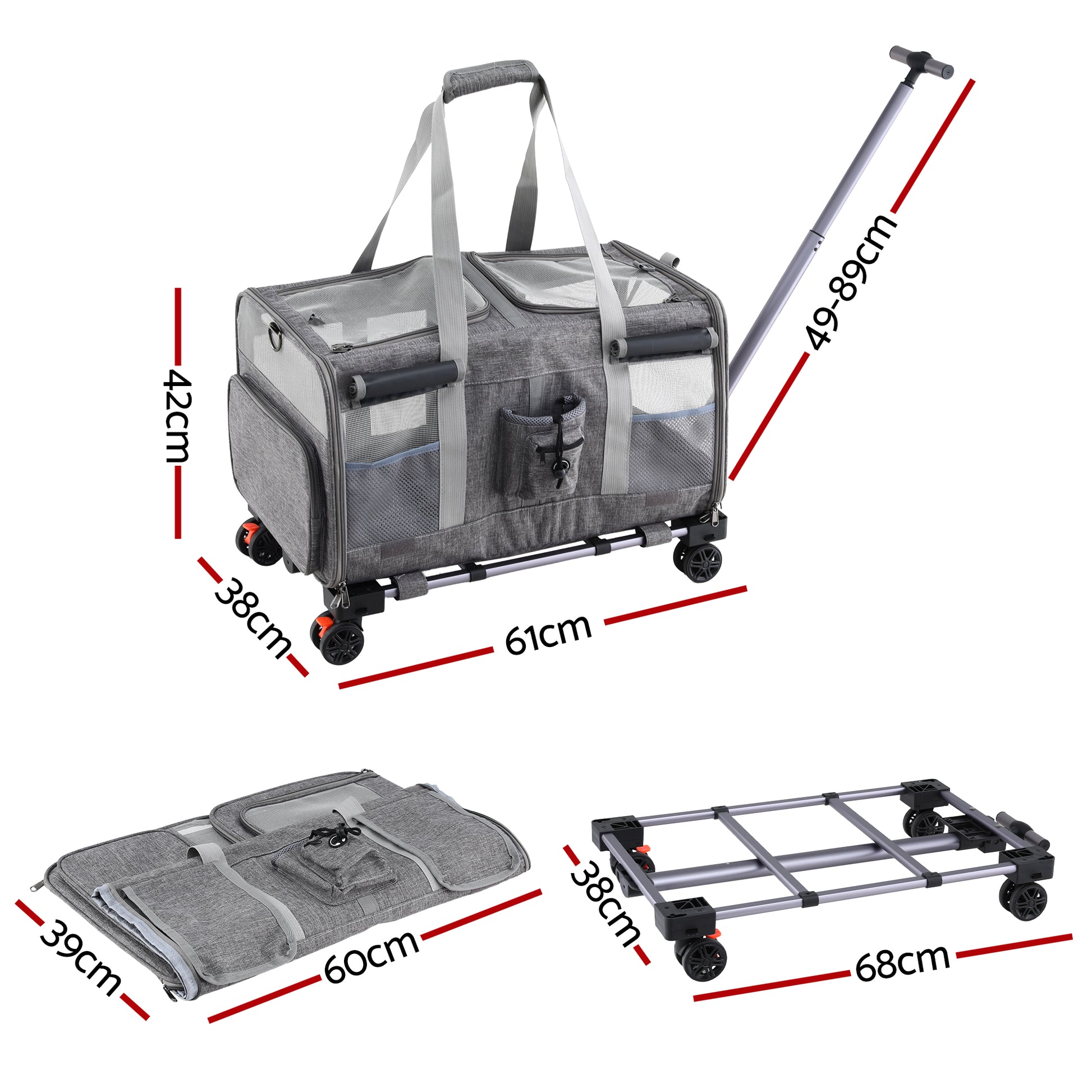 i.Pet Pet Carrier Swivel Wheels Foldable Cat Dog Trolley Stroller Travel Bag Grey - view 2