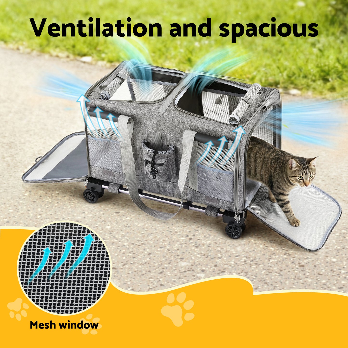 i.Pet Pet Carrier Swivel Wheels Foldable Cat Dog Trolley Stroller Travel Bag Grey - view 4