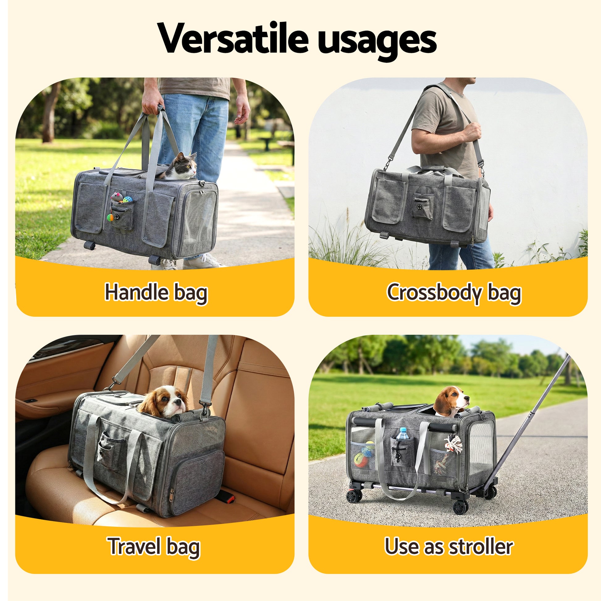 i.Pet Pet Carrier Swivel Wheels Foldable Cat Dog Trolley Stroller Travel Bag Grey - view 5