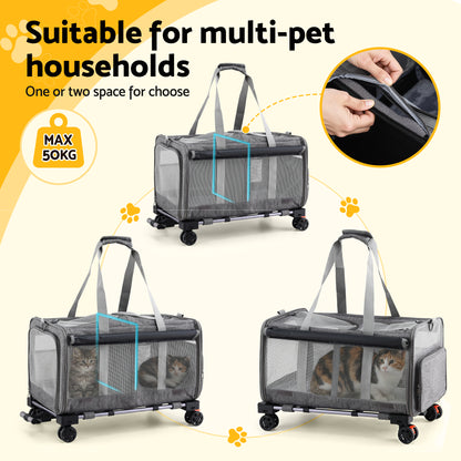 i.Pet Pet Carrier Swivel Wheels Foldable Cat Dog Trolley Stroller Travel Bag Grey - view 6