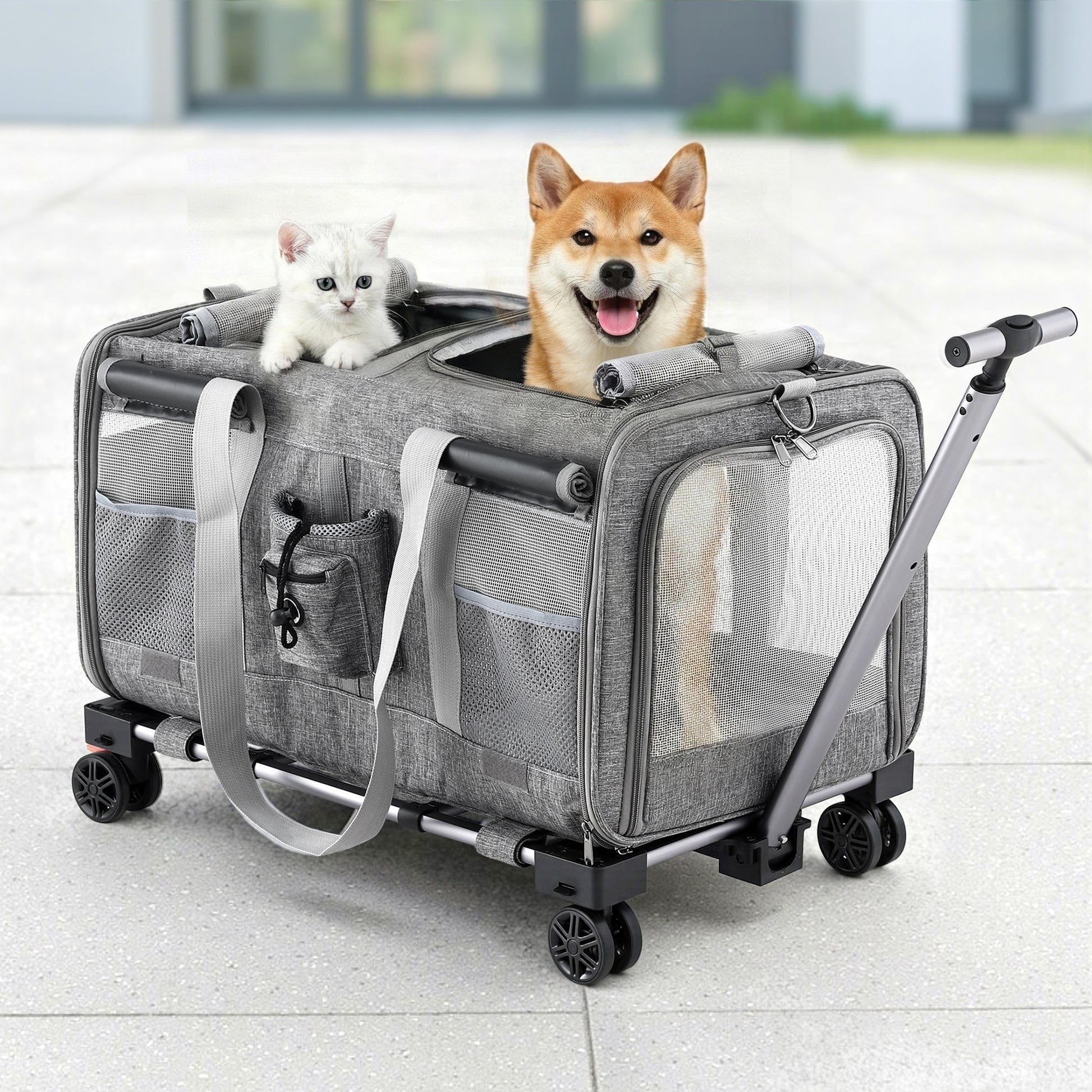 i.Pet Pet Carrier Swivel Wheels Foldable Cat Dog Trolley Stroller Travel Bag Grey - view 7
