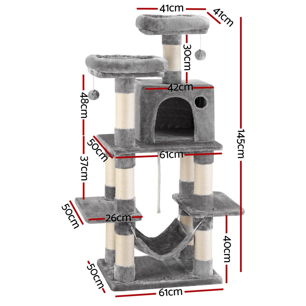 i.Pet Cat Tree 145cm Tower Scratching Post Trees Scratcher Condo House Light Grey - view 2