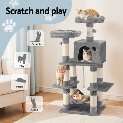 i.Pet Cat Tree 145cm Tower Scratching Post Trees Scratcher Condo House Light Grey - view 4