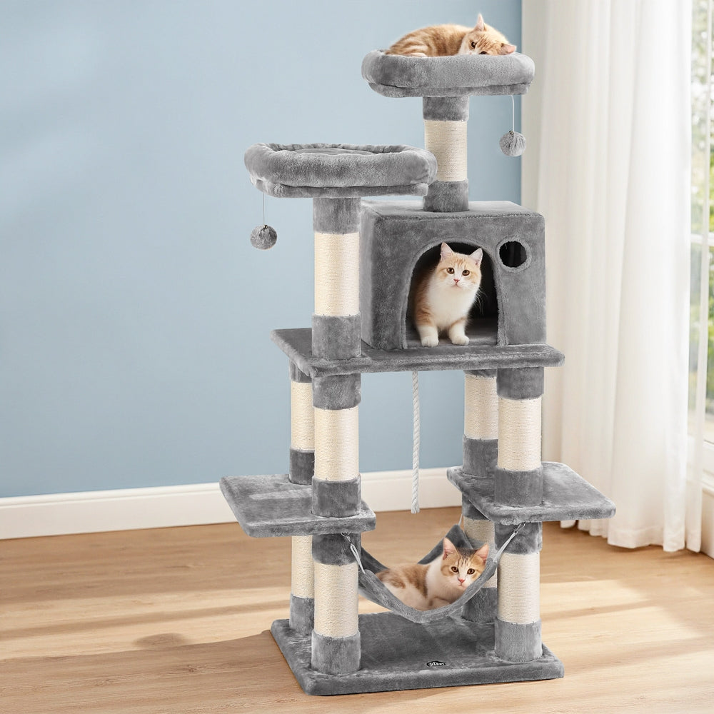 i.Pet Cat Tree 145cm Tower Scratching Post Trees Scratcher Condo House Light Grey - view 7