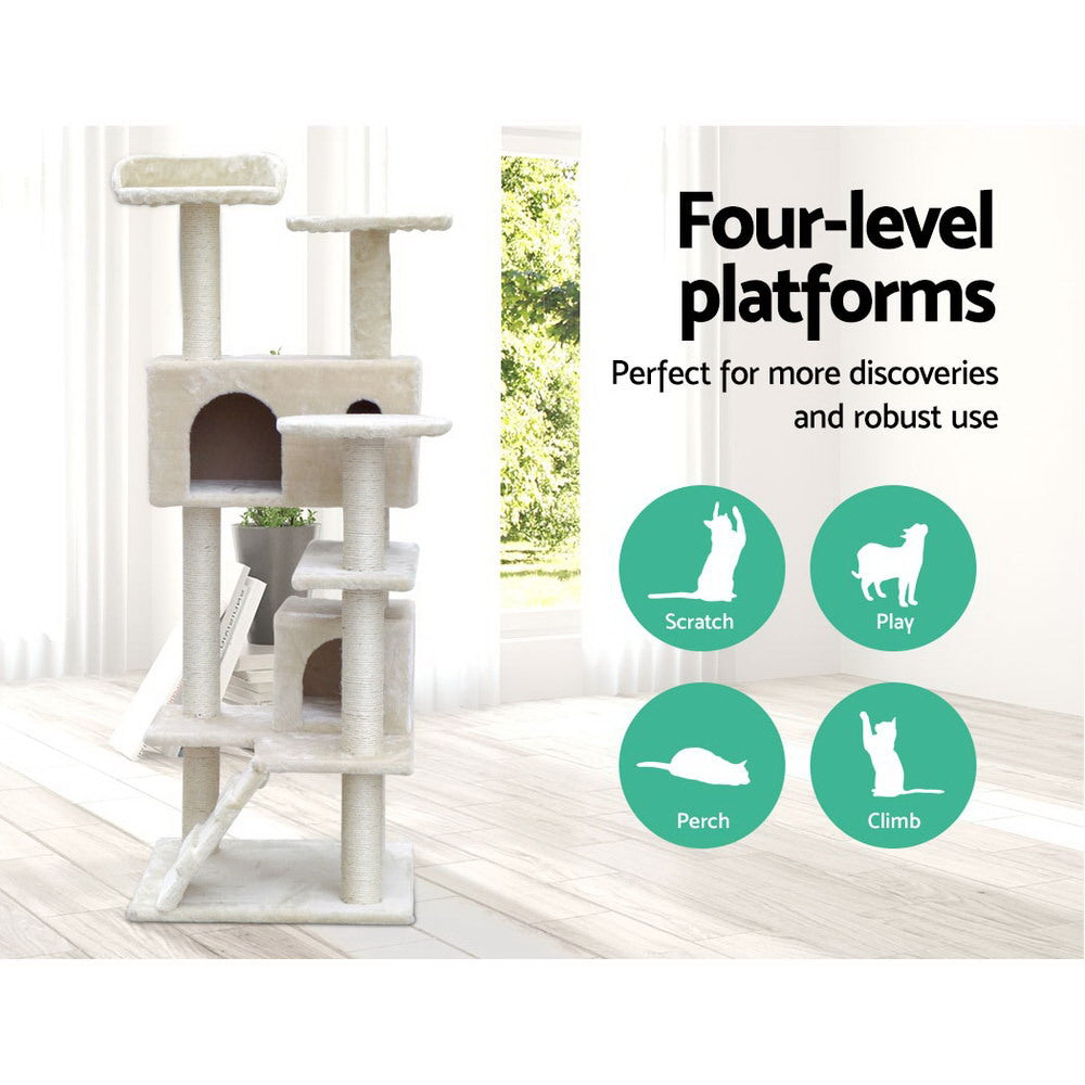 i.Pet Cat Tree 134cm Tower Scratching Post Scratcher Wood Condo House Bed Beige - view 3