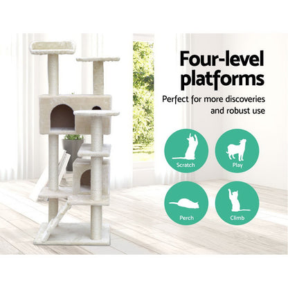 i.Pet Cat Tree 134cm Tower Scratching Post Scratcher Wood Condo House Bed Beige - view 3