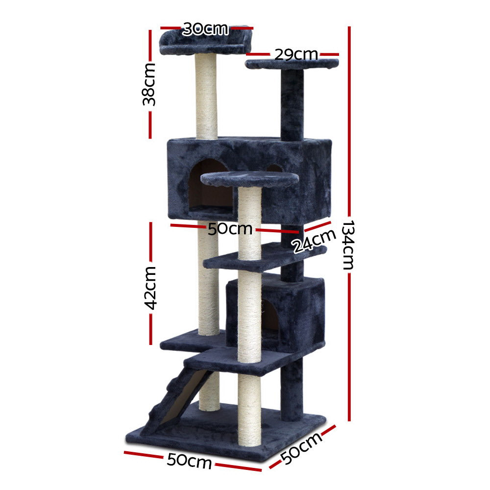 i.Pet Cat Tree 134cm Tower Scratching Post Scratcher Wood Condo House Bed Grey - view 2