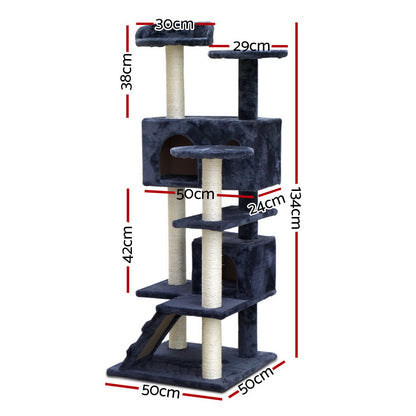 i.Pet Cat Tree 134cm Tower Scratching Post Scratcher Wood Condo House Bed Grey - view 2