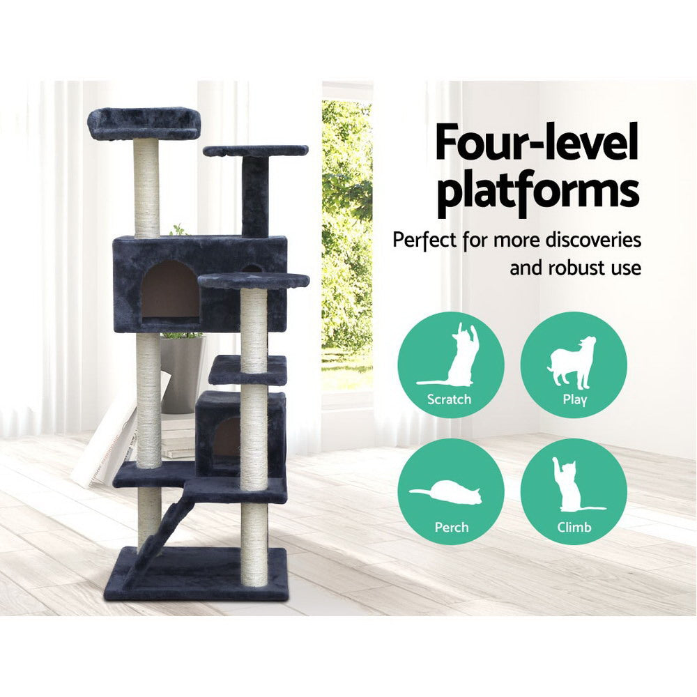 i.Pet Cat Tree 134cm Tower Scratching Post Scratcher Wood Condo House Bed Grey - view 3