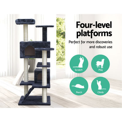 i.Pet Cat Tree 134cm Tower Scratching Post Scratcher Wood Condo House Bed Grey - view 3
