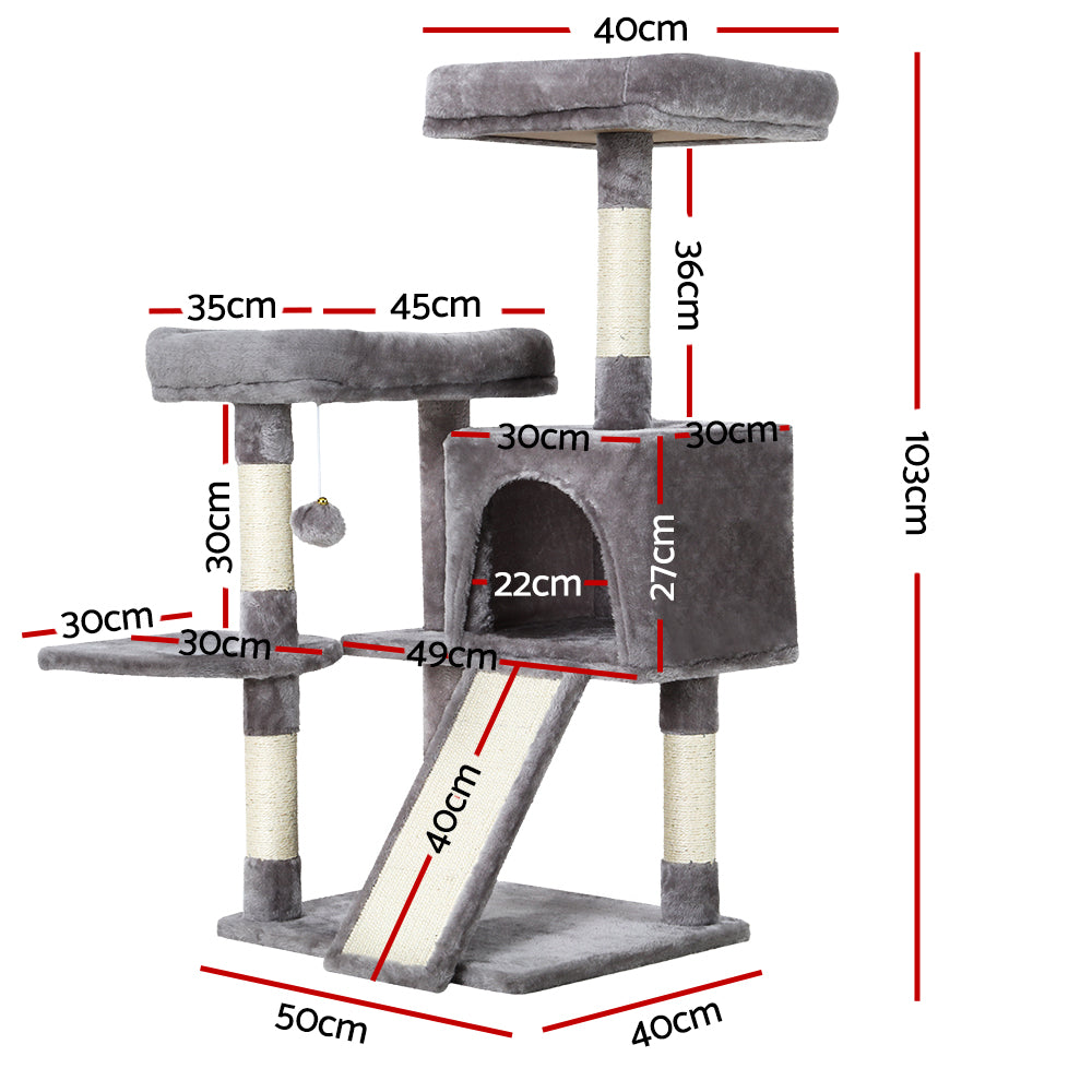 i.Pet Cat Tree 103cm Tower Scratching Post Scratcher Wood Condo House Trees Grey - view 2