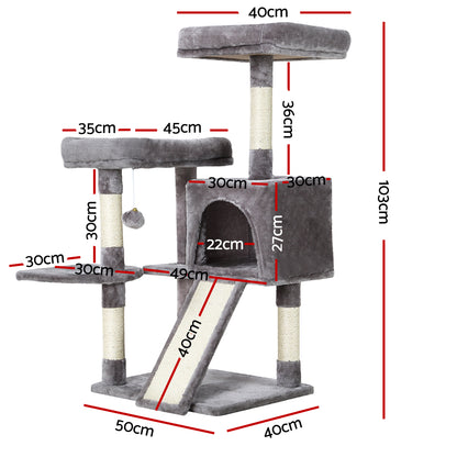 i.Pet Cat Tree 103cm Tower Scratching Post Scratcher Wood Condo House Trees Grey - view 2