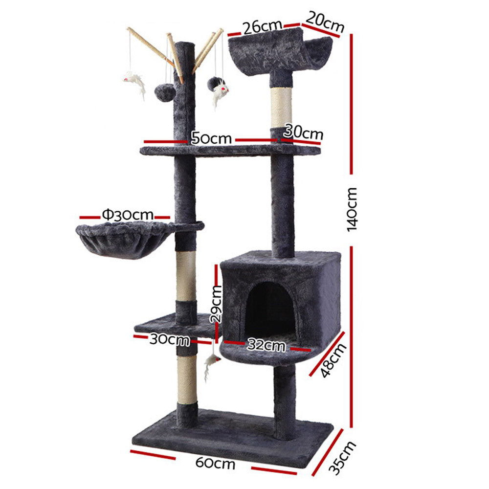 i.Pet Cat Tree 140cm Tower Scratching Post Scratcher Trees Toys Condo Bed Grey - view 2