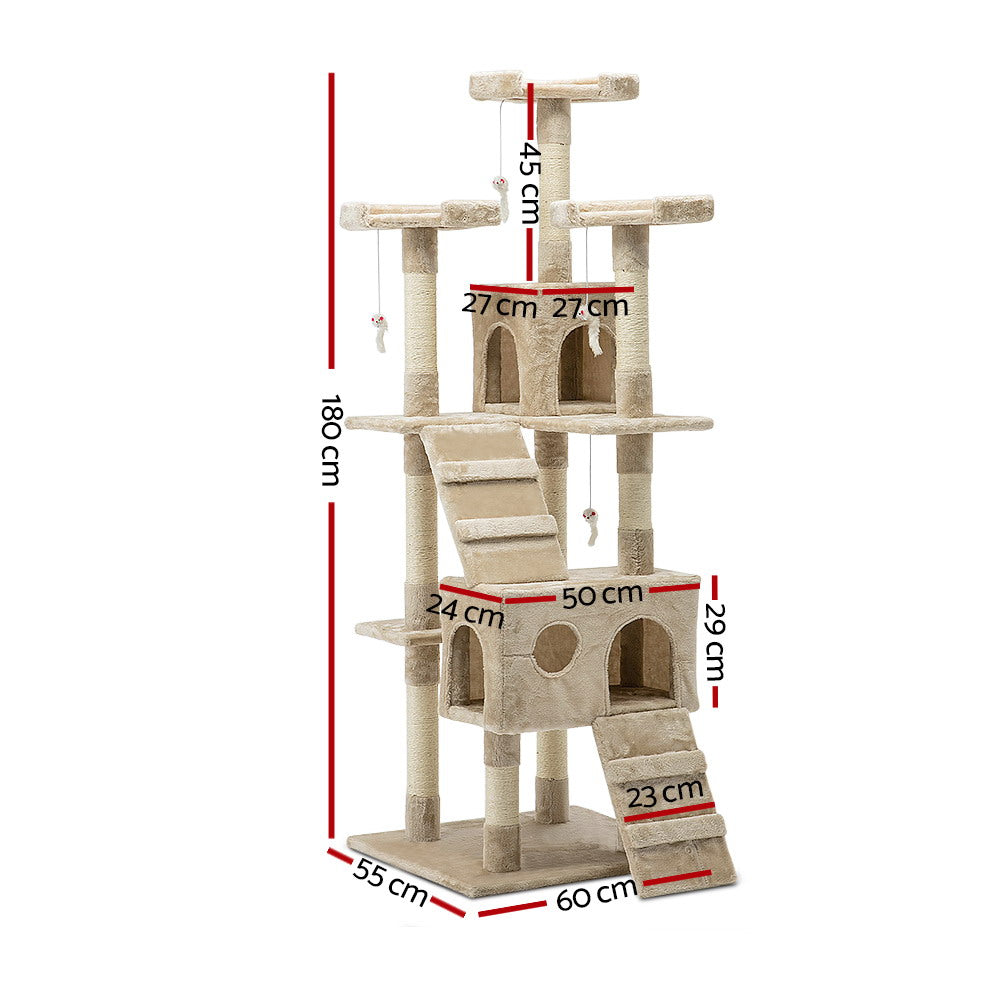 i.Pet Cat Tree 180cm Tower Scratching Post Scratcher Wood Condo House Toys Beige - view 2