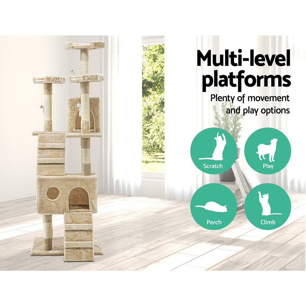 i.Pet Cat Tree 180cm Tower Scratching Post Scratcher Wood Condo House Toys Beige - view 3