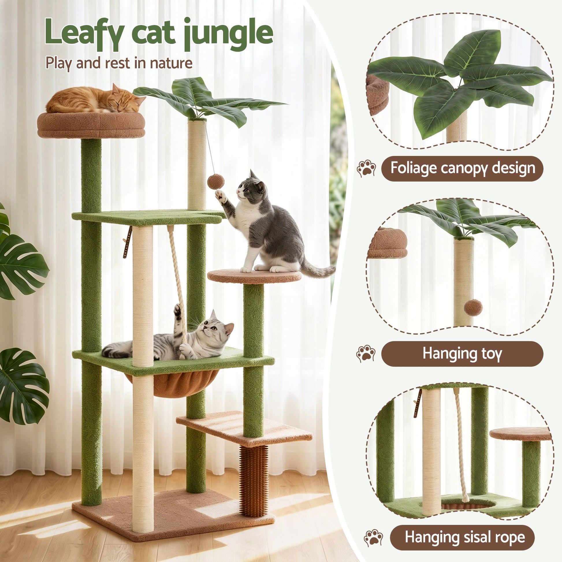 i.Pet Cat Tree Tower 152cm Jungle Multi-Level Scratching Post Leafy Canopy - view 5