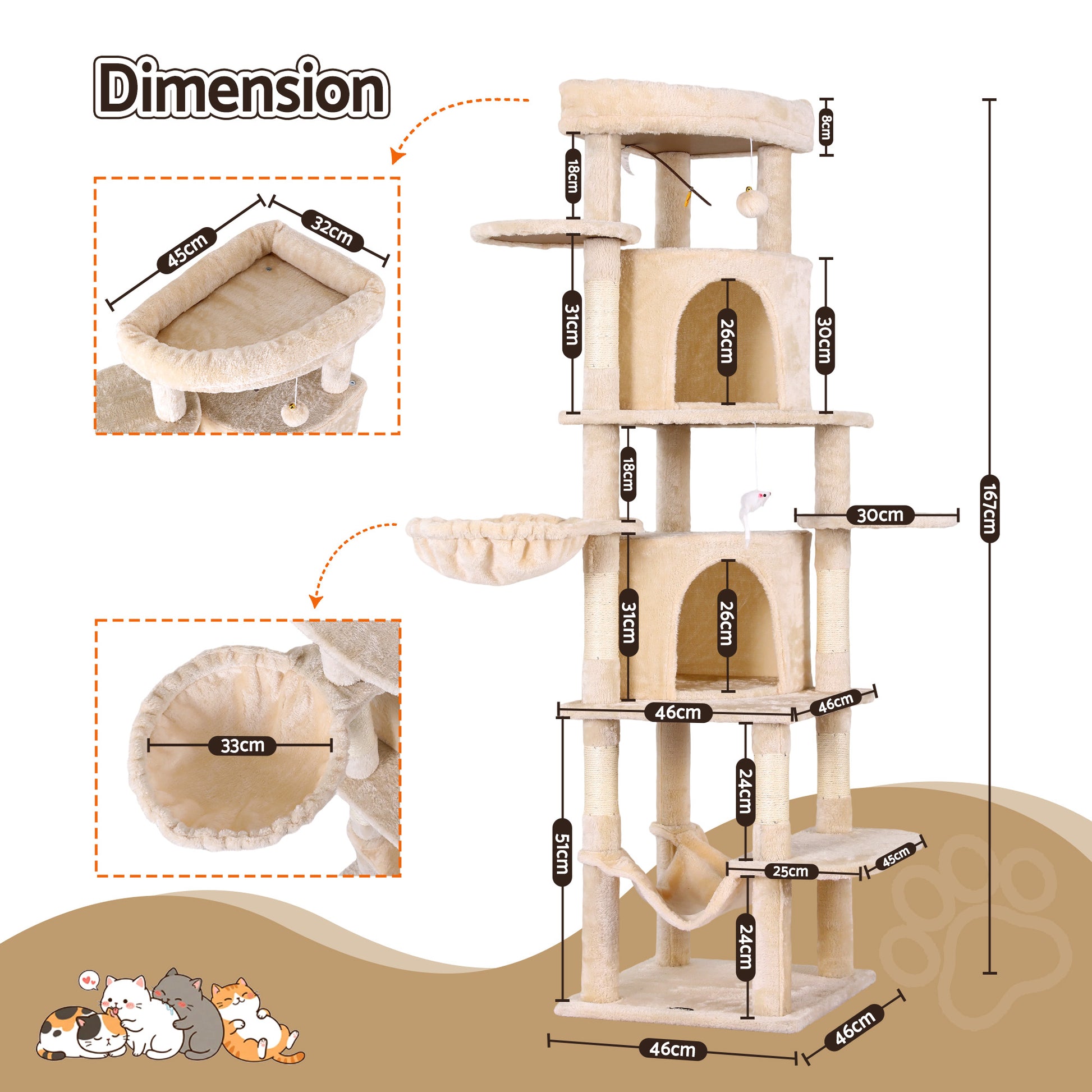 i.Pet Cat Tree Tower 167cm Large Scratching Post Furniture Scratcher House Beige - view 4