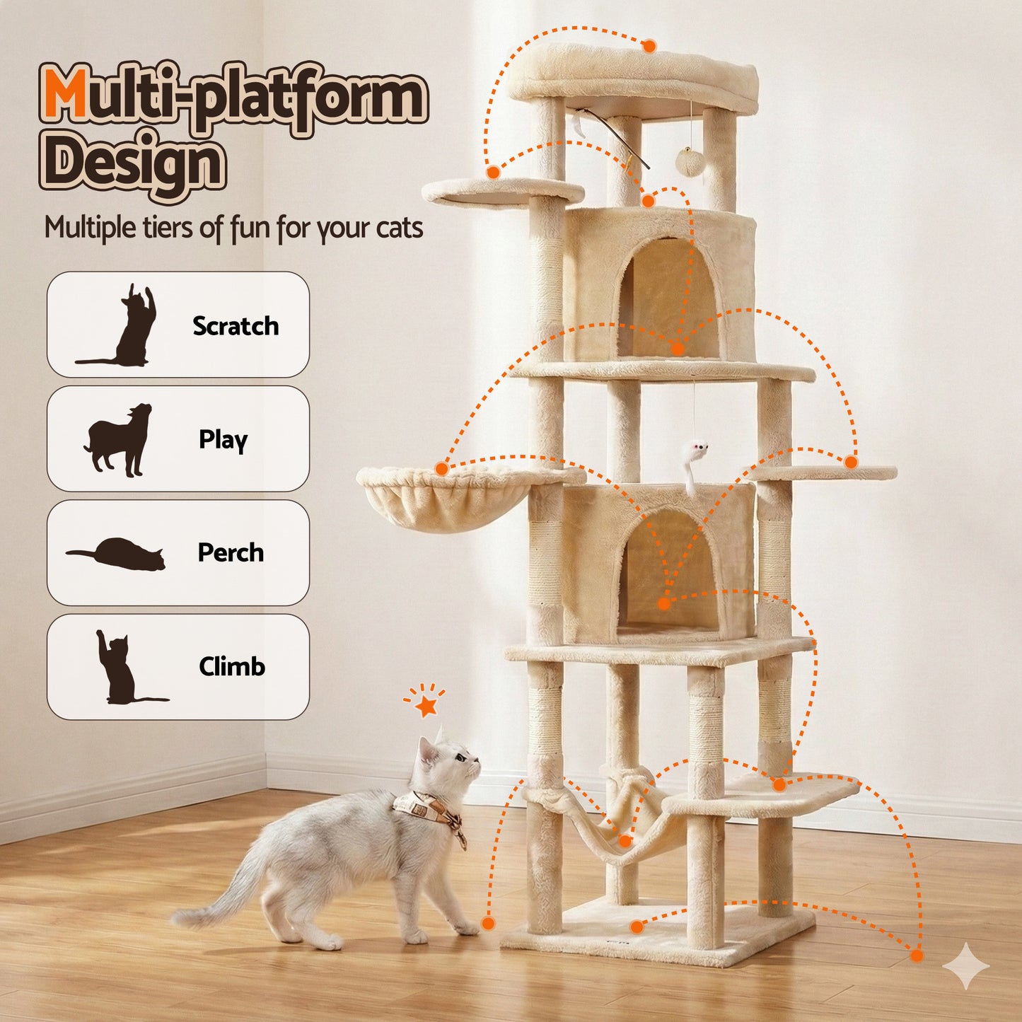 i.Pet Cat Tree Tower 167cm Large Scratching Post Furniture Scratcher House Beige - view 5