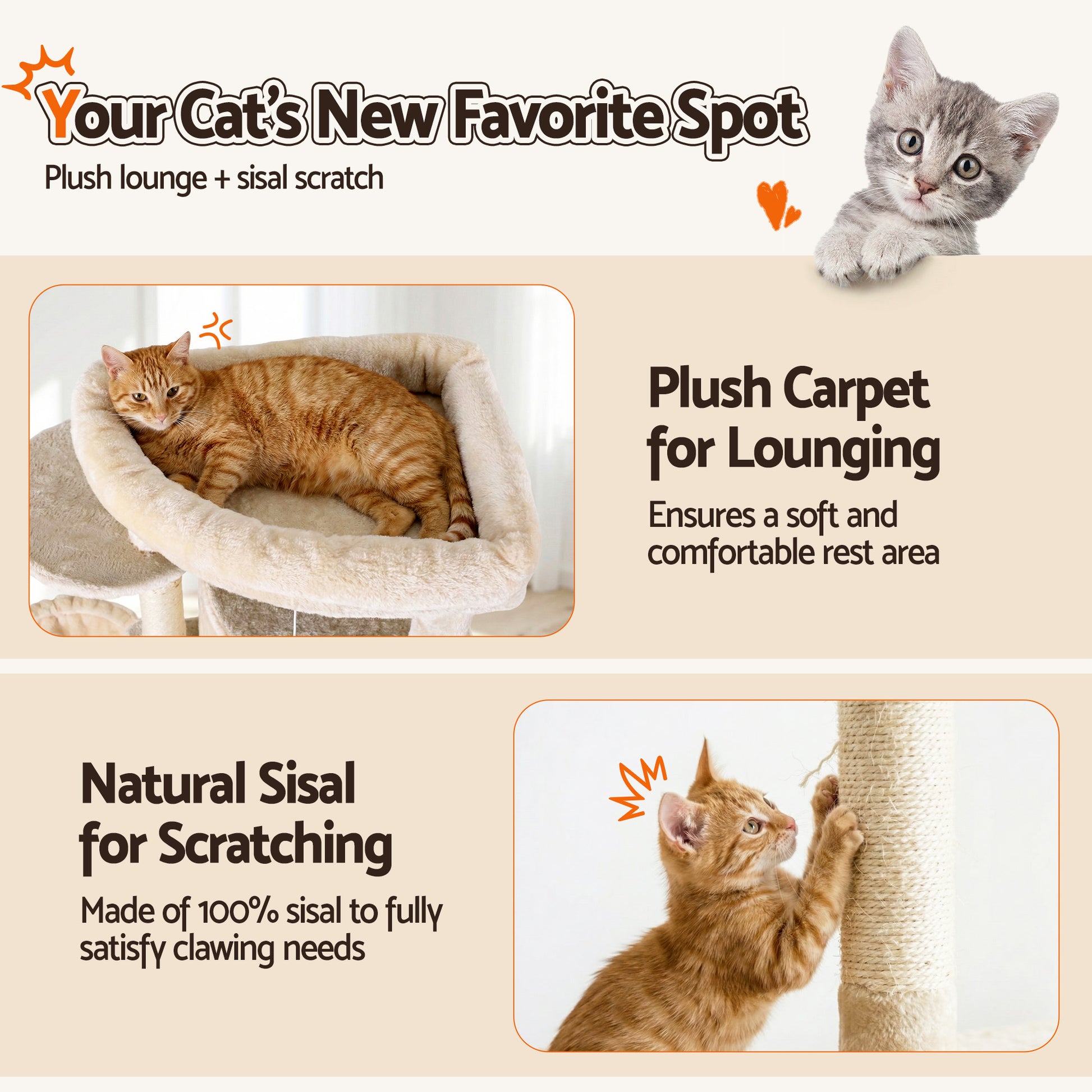 i.Pet Cat Tree Tower 167cm Large Scratching Post Furniture Scratcher House Beige - view 8
