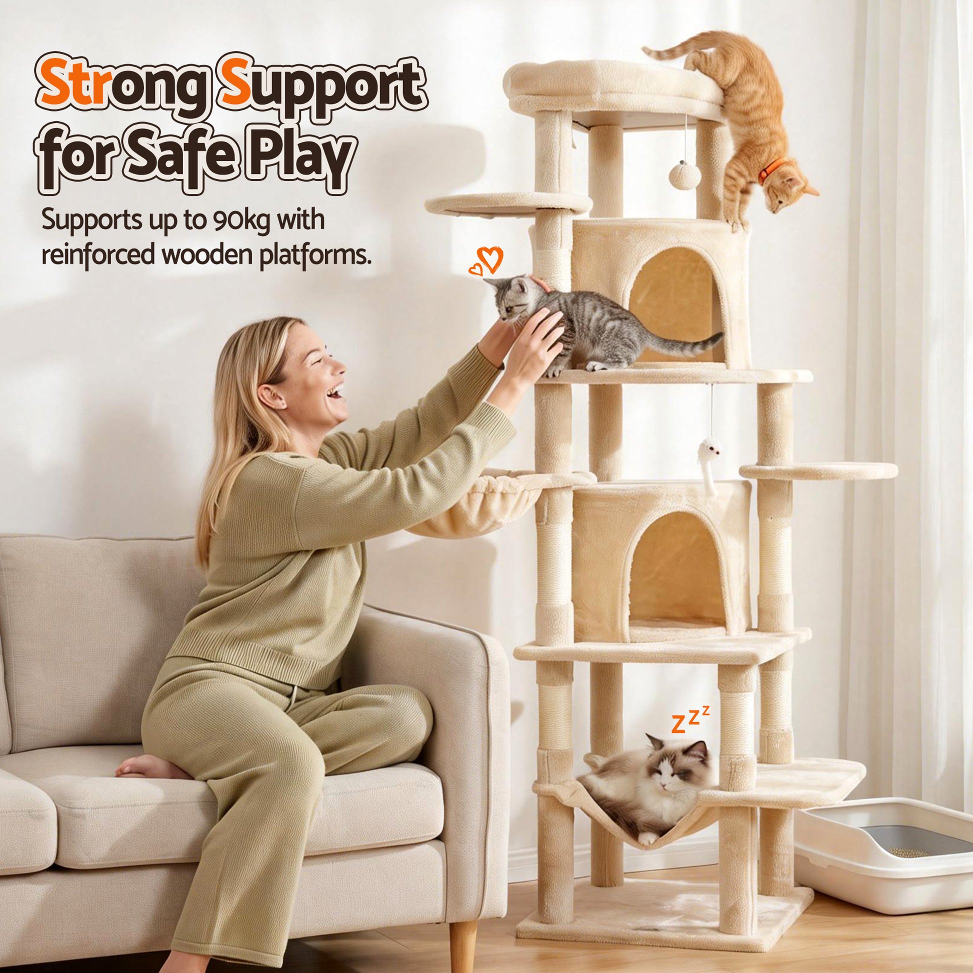 i.Pet Cat Tree Tower 167cm Large Scratching Post Furniture Scratcher House Beige - view 9