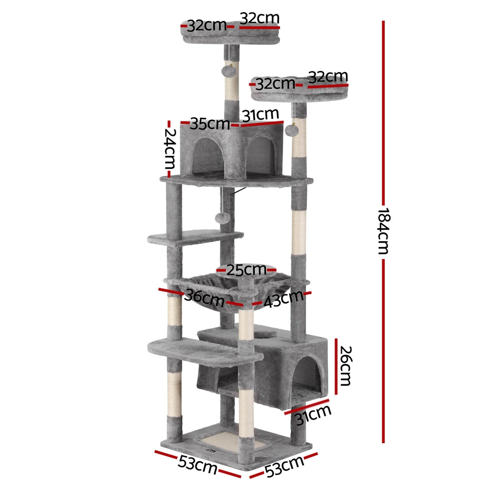i.Pet Cat Tree 184cm Tower Scratching Post Trees Scratcher Condo House Light Grey - view 2