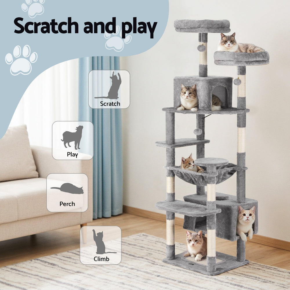 i.Pet Cat Tree 184cm Tower Scratching Post Trees Scratcher Condo House Light Grey - view 4