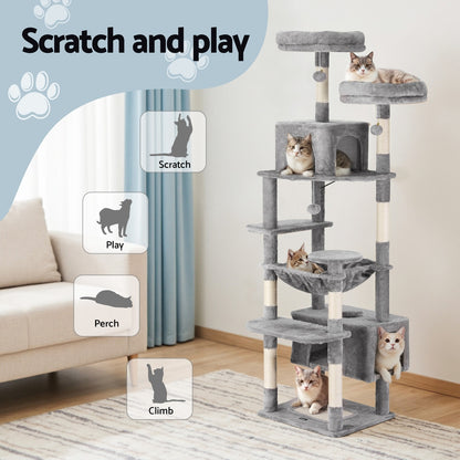 i.Pet Cat Tree 184cm Tower Scratching Post Trees Scratcher Condo House Light Grey - view 4