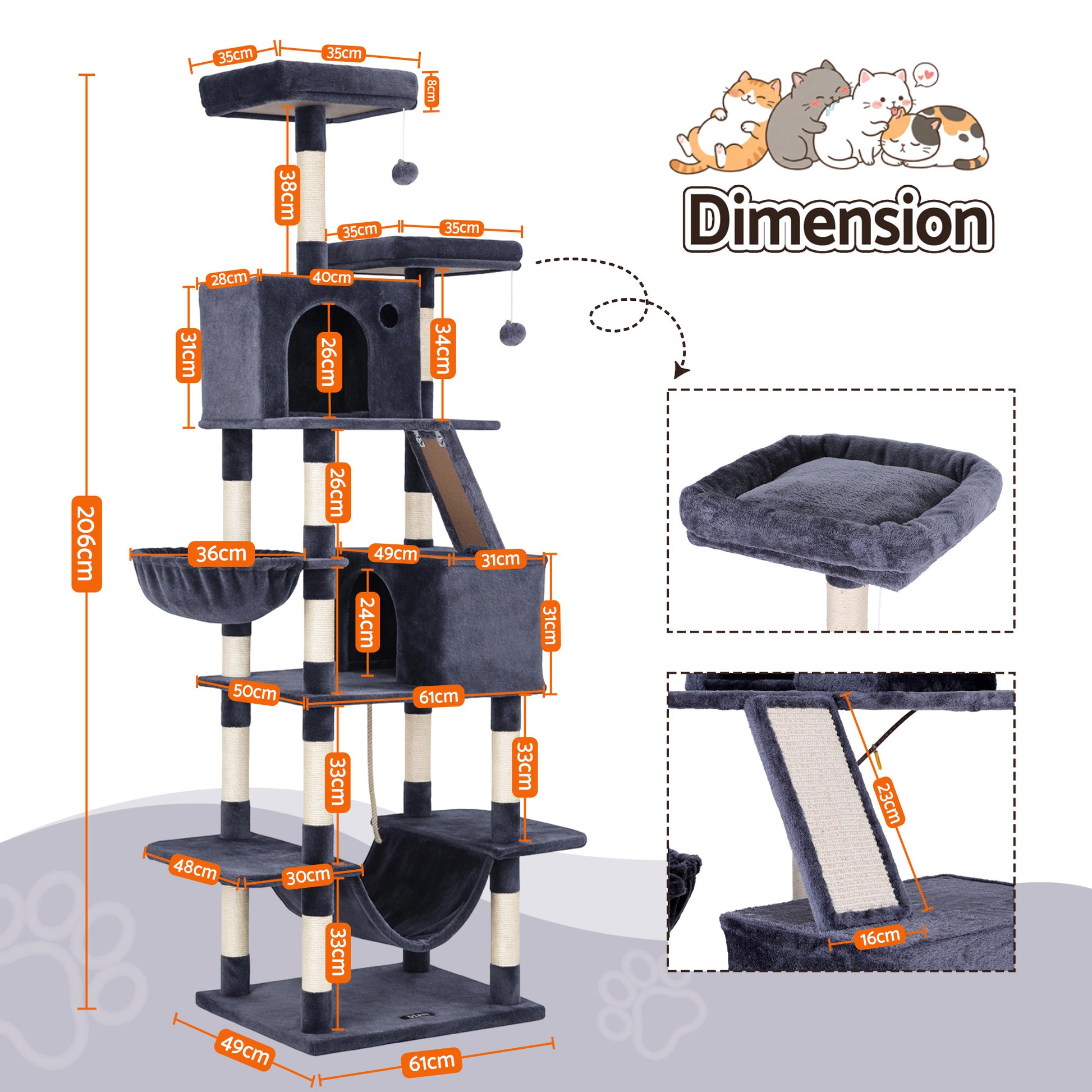 i.Pet Cat Tree Tower 206cm Large Scratching Post Furniture Scratcher House Grey - view 4