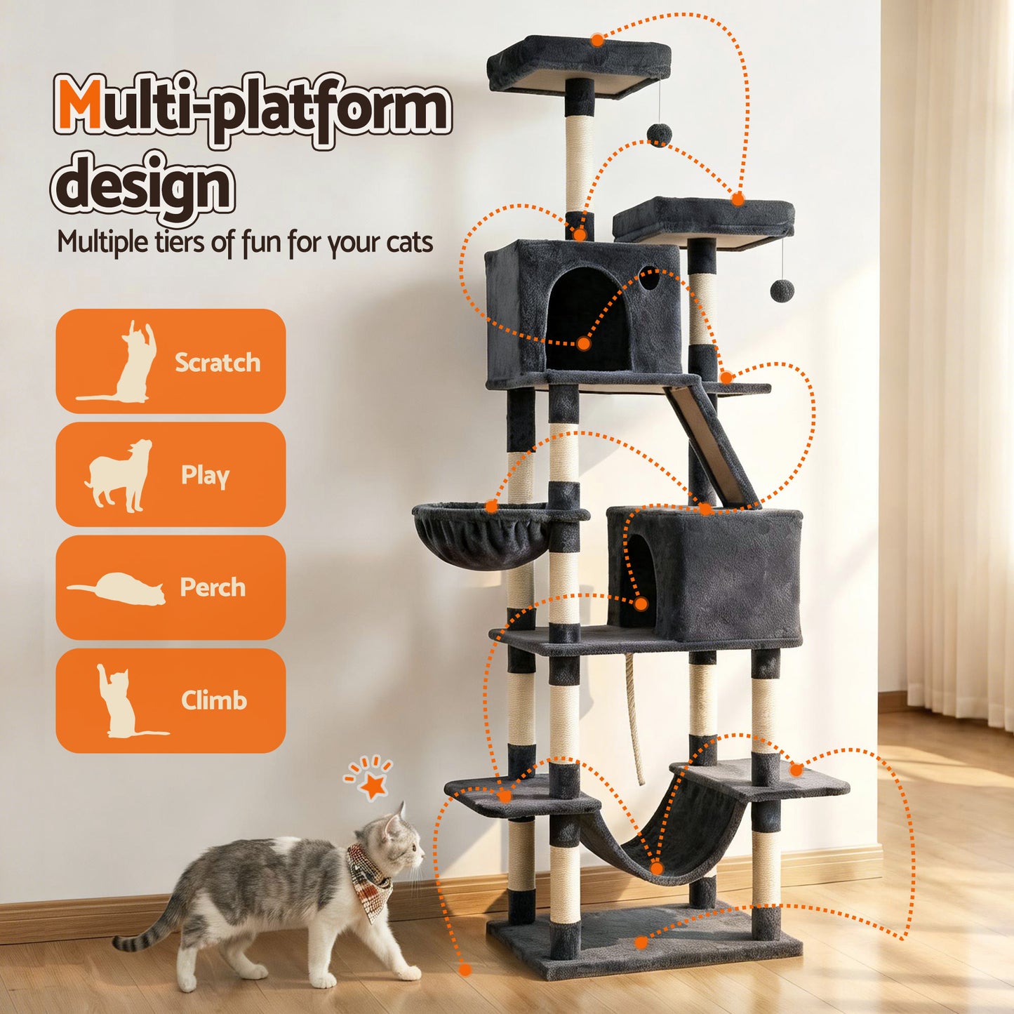 i.Pet Cat Tree Tower 206cm Large Scratching Post Furniture Scratcher House Grey - view 5