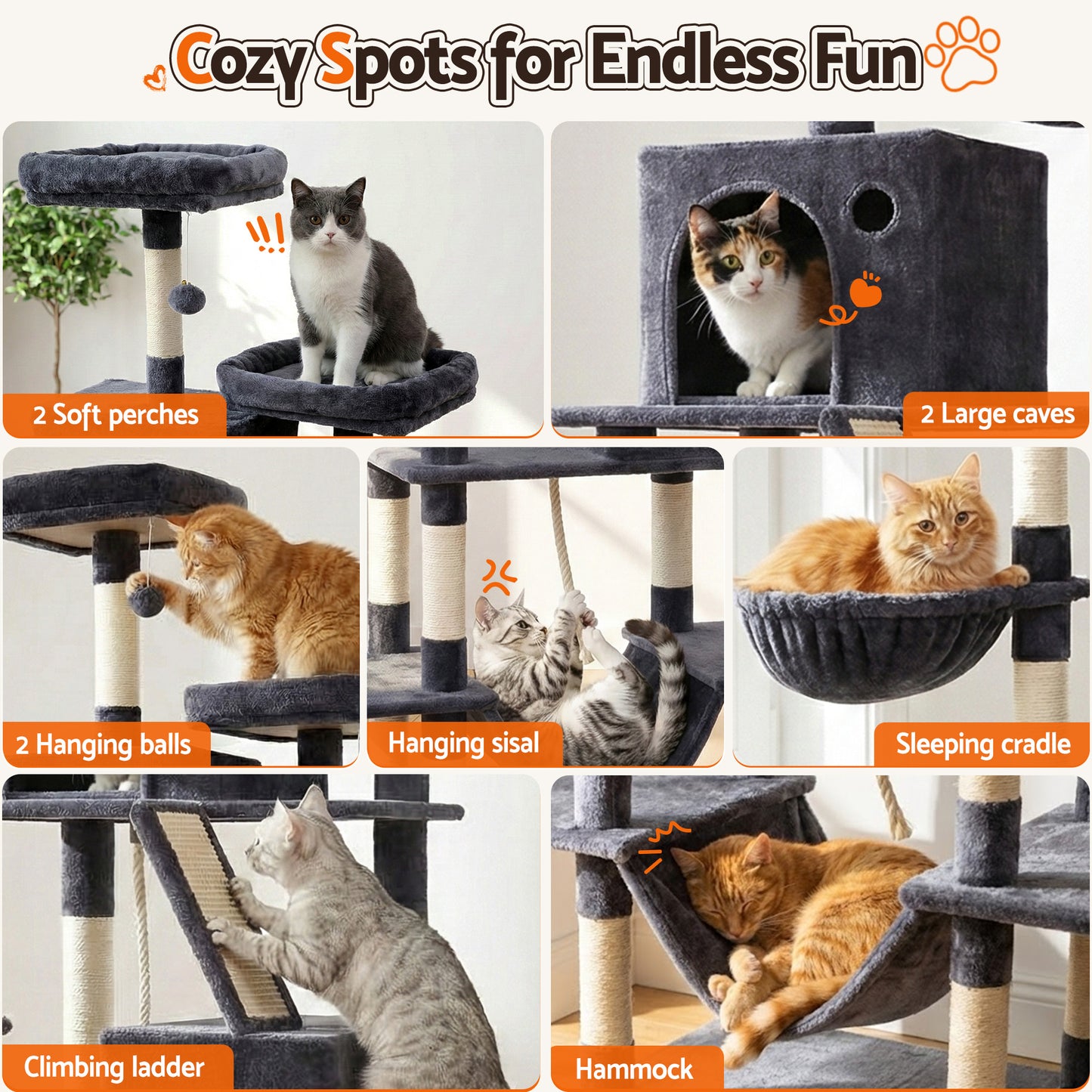 i.Pet Cat Tree Tower 206cm Large Scratching Post Furniture Scratcher House Grey - view 6
