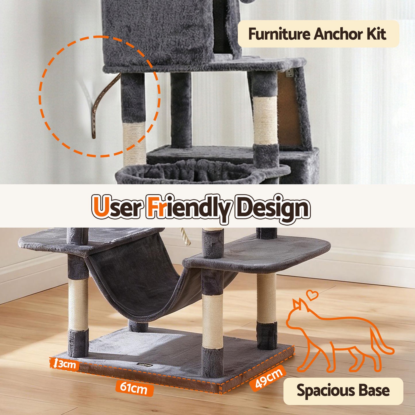 i.Pet Cat Tree Tower 206cm Large Scratching Post Furniture Scratcher House Grey - view 7