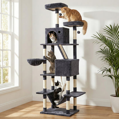 i.Pet Cat Tree Tower 206cm Large Scratching Post Furniture Scratcher House Grey - view 10